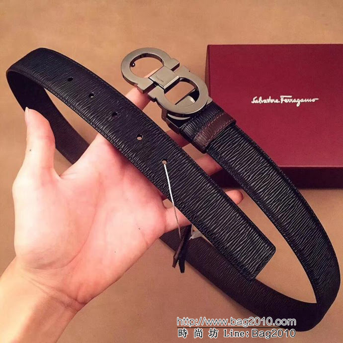 Ferragamo菲拉格慕 雙面頭層牛皮牙籤紋 獨特風格 精鋼扣 男士皮帶  xfp1185